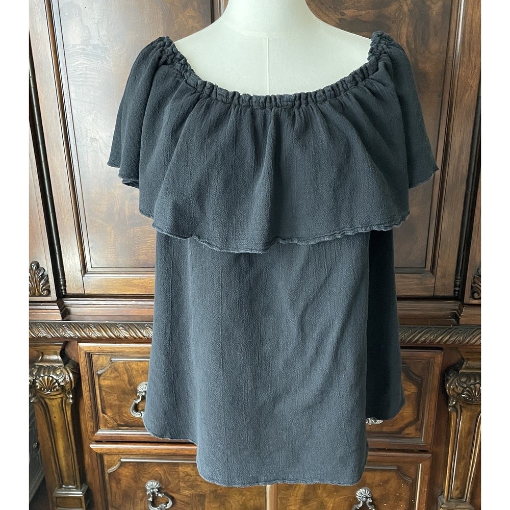 Oh My Gauze Black Cotton Gauze Off Shoulder Ruffle Blouse Top Size 2 L/XL Boho